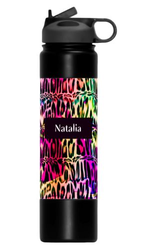Insulated water bottle personalized with cheetah pattern and name in black licorice Insulated water bottle personalized with cheetah pattern and name in black licorice