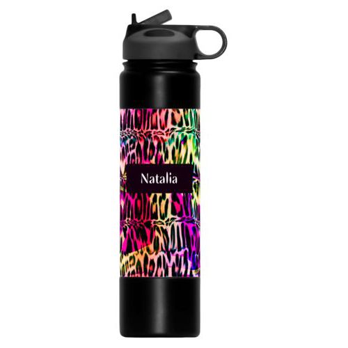 Insulated water bottle personalized with cheetah pattern and name in black licorice