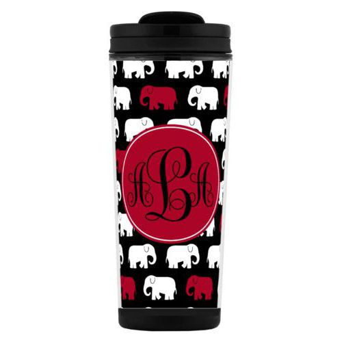 Custom tall coffee mug personalized with elephants pattern and monogram in university of alabama