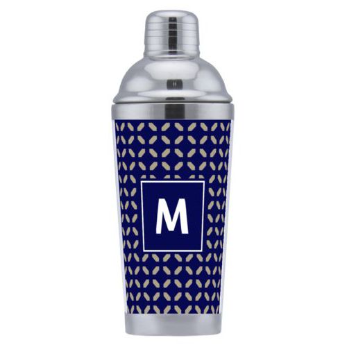 Cocktail shaker personalized with clover pattern and initial in true navy and bark