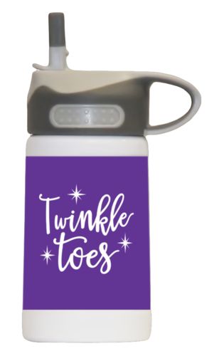 Kids stainless steel water bottle personalized with the saying "twinkle toes" in purple and white Kids stainless steel water bottle personalized with the saying "twinkle toes" in purple and white