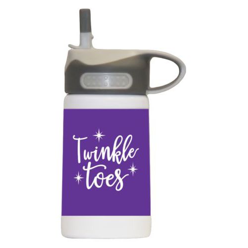 Kids stainless steel water bottle personalized with the saying "twinkle toes" in purple and white