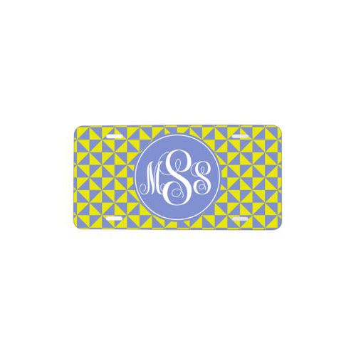Vanity front license plate personalized with web pattern and monogram in periwinkle and neon yellow