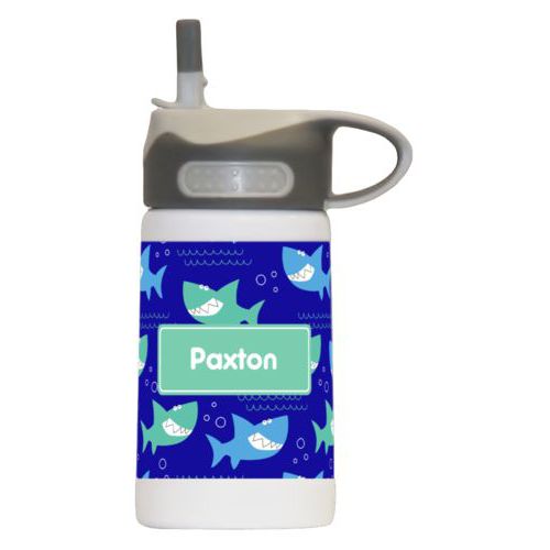 Childrens water bottle personalized with sharks pattern and name in mint