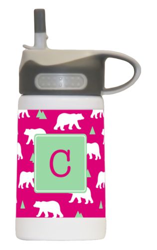 Kids stainless steel water bottle personalized with bears pattern and initial in pomegranate and spearmint Kids stainless steel water bottle personalized with bears pattern and initial in pomegranate and spearmint