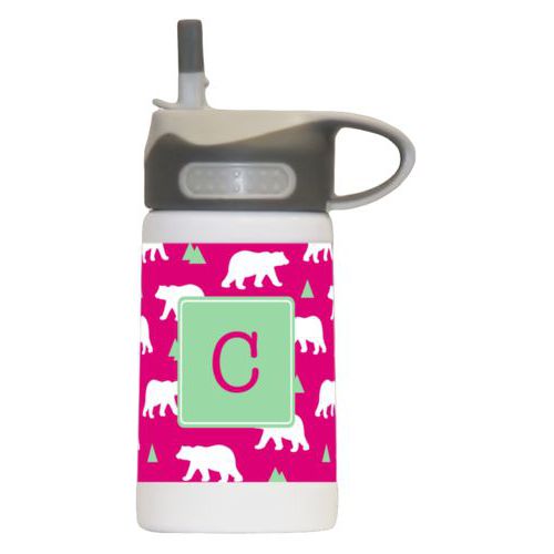 Kids stainless steel water bottle personalized with bears pattern and initial in pomegranate and spearmint