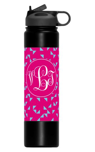 Monogrammed water bottles personalized with triangles pattern and monogram in pomegranate and sky Monogrammed water bottles personalized with triangles pattern and monogram in pomegranate and sky