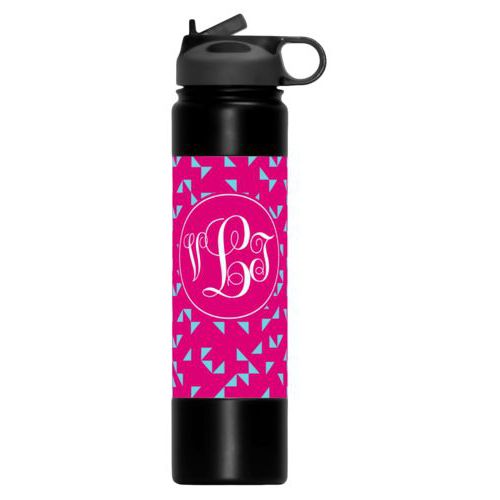 Monogrammed water bottles personalized with triangles pattern and monogram in pomegranate and sky