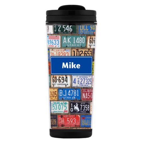 Custom tall coffee mug personalized with license plates pattern and name in royal blue