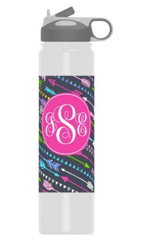Insulated stainless steel water bottle personalized with arrows pattern and monogram in juicy pink Insulated stainless steel water bottle personalized with arrows pattern and monogram in juicy pink
