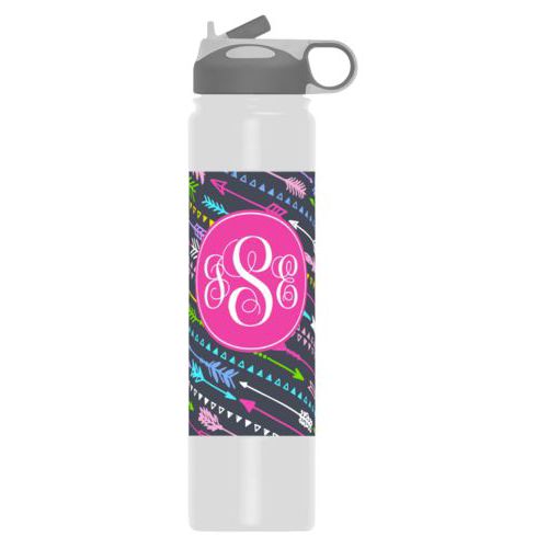 Insulated stainless steel water bottle personalized with arrows pattern and monogram in juicy pink
