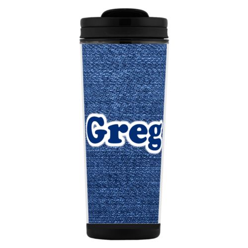 Custom tall coffee mug personalized with denim industrial pattern and the saying "Greg"