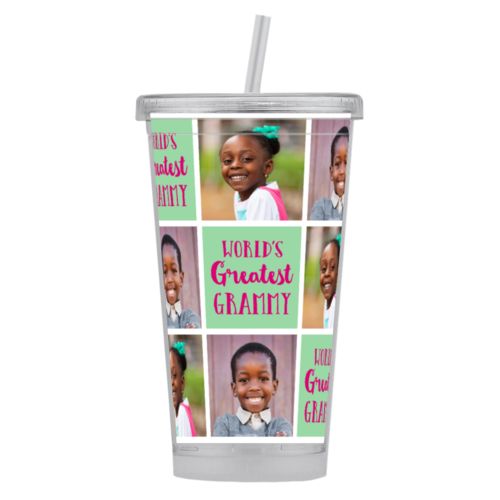 Personalized tumbler with straws personalized with photos of kids and "World's Greatest Grammy"