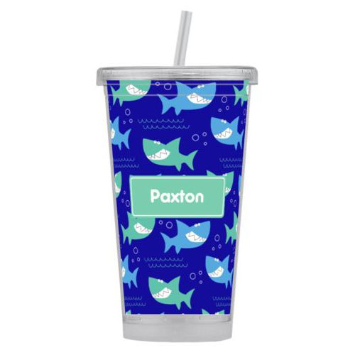 Personalized tumbler personalized with sharks pattern and name in mint