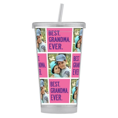 Personalized tumbler personalized with a photo and the saying "Best Grandma Ever" in amethyst purple and pretty pink