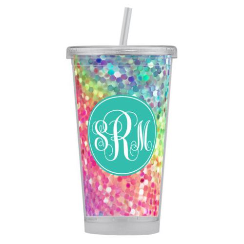 Personalized tumbler personalized with glitter pattern and monogram in minty