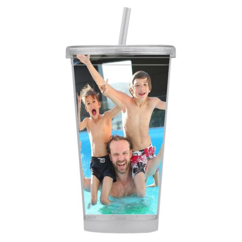 Personalized tumbler with straws personalized with photo of dad with sons