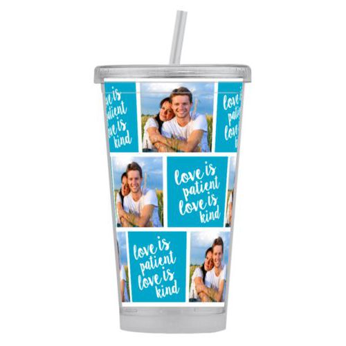 Personalized with a photo and the saying "love is patient love is kind" in juicy blue and white