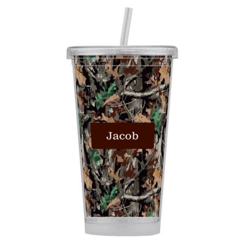 Personalized tumbler personalized with hunting camo pattern and name in chocolate brown party goods