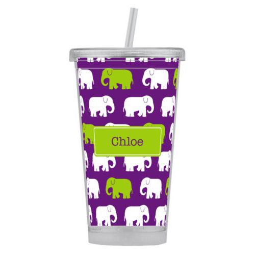 Personalized tumbler personalized with elephants pattern and name in orchid and juicy green