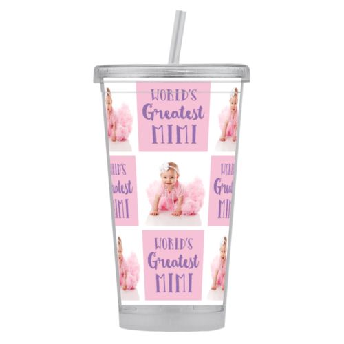 Personalized tumbler with straws personalized with granddaughter photo and "World's Greatest Mimi"