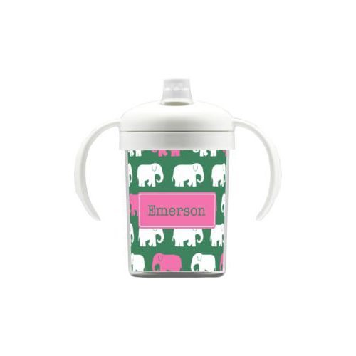 Personalized sippycup personalized with elephants pattern and name in pine green and powder pink