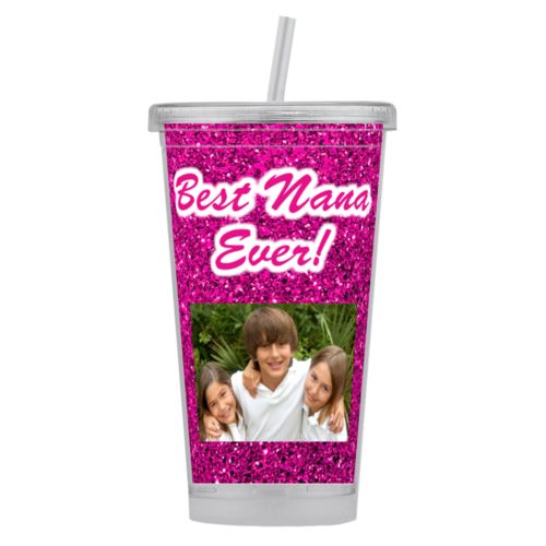 Personalized tumbler with straws personalized with photo of kids with "Best Nana Ever!"