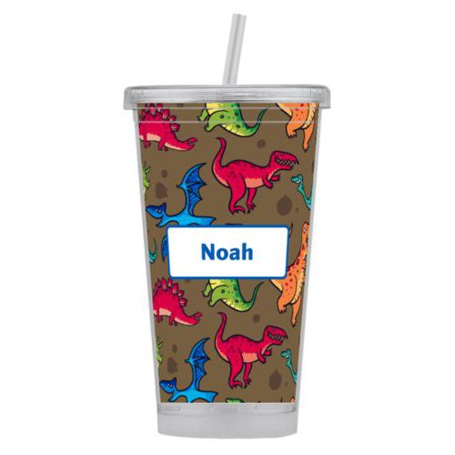 Personalized tumbler personalized with dinosaurs pattern and name in cosmic blue