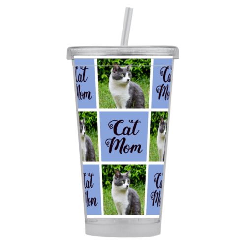 Personalized tumbler with straws personalized with cat photo and "Cat Mom"