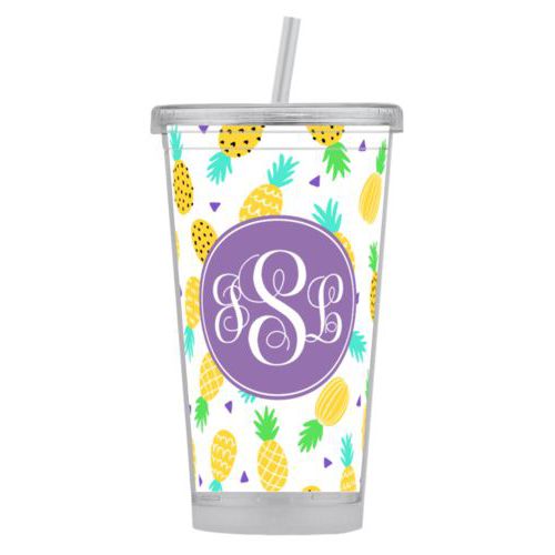 Personalized tumbler personalized with pineapples pattern and monogram in grape purple