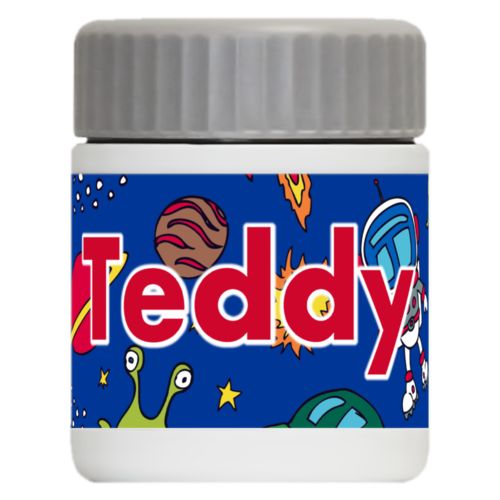 Personalized 12oz food jar personalized with space pattern and the saying "Teddy"