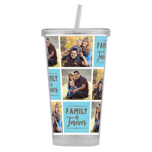 Personalized tumbler personalized with photos and the saying "Family Is Forever" in chocolate brown and sweet teal