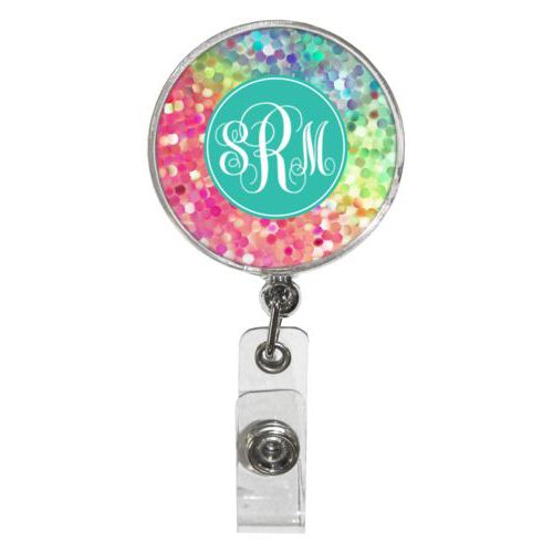 Personalized badge reel personalized with glitter pattern and monogram in minty