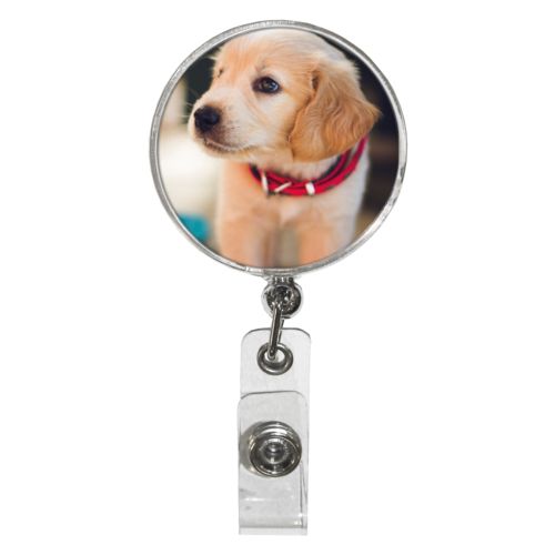 Custom badge reels personalized with dog photo