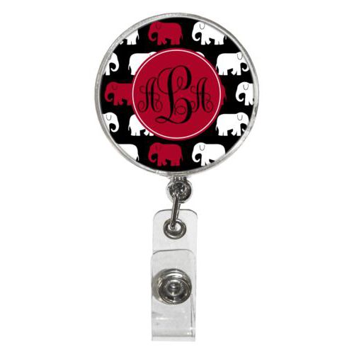 Personalized badge reel personalized with elephants pattern and monogram in university of alabama