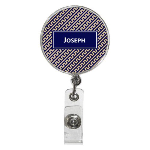 Personalized badge reel personalized with dolman pattern and name in true navy and oatmeal