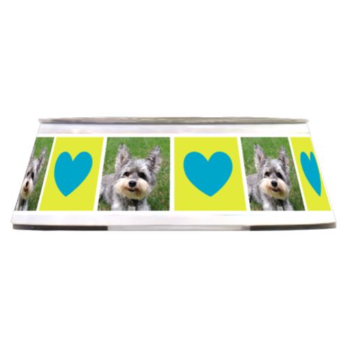 Personalized pet bowl personalized with a photo and the saying "heart" in teal and lime