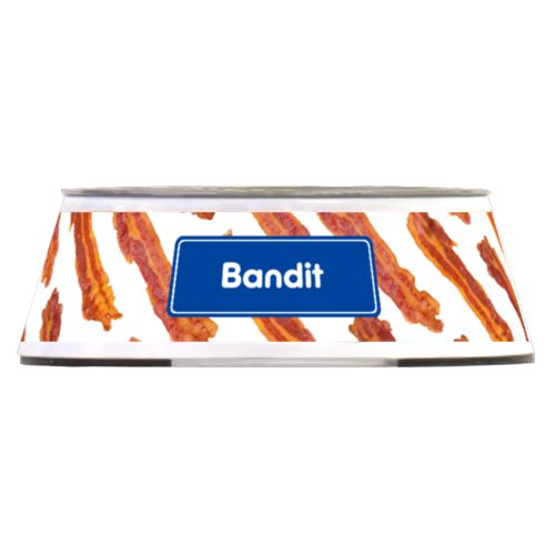 Personalized pet bowl personalized with bacon pattern and name in royal blue