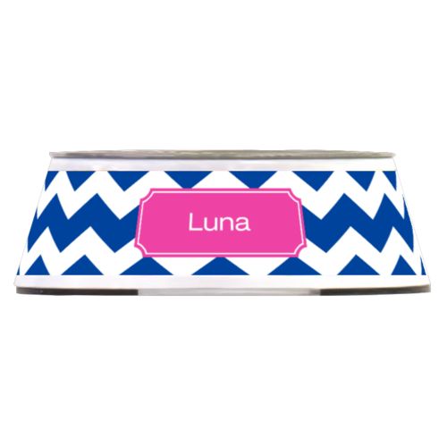 Personalized pet bowl personalized with zigzag pattern and name in juicy pink and royal blue