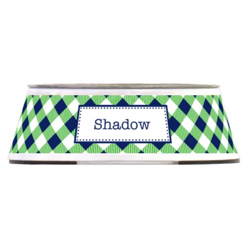 Personalized pet bowl personalized with check pattern and name in navy blue and wild green