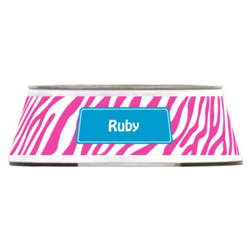 Personalized pet bowl personalized with zebra skin pattern and name in caribbean blue and juicy pink