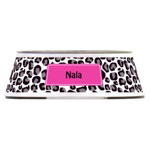 Personalized pet bowl personalized with leopard skin pattern and name in black and juicy pink