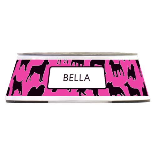 Personalized pet bowl personalized with profile pattern and name in black and juicy pink