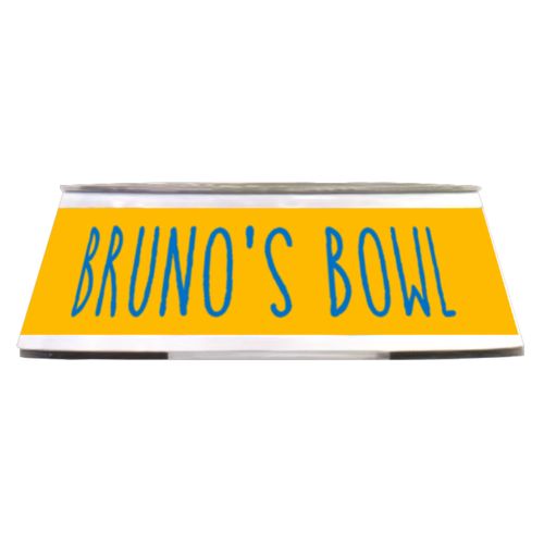 Personalized pet bowl personalized with the saying "Bruno's Bowl" in blue and gold
