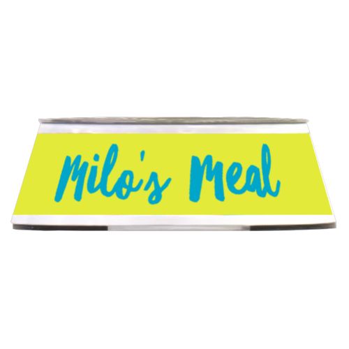 Personalized pet bowl personalized with the saying "Milo's Meal" in teal and lime