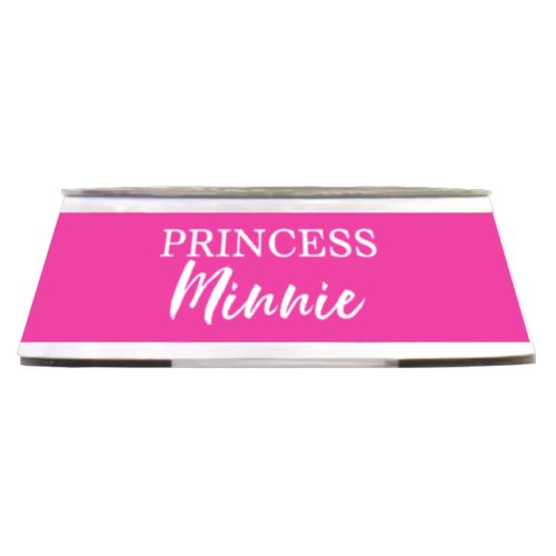 Personalized pet bowl personalized with the saying "PRINCESS Minnie" in juicy pink and white