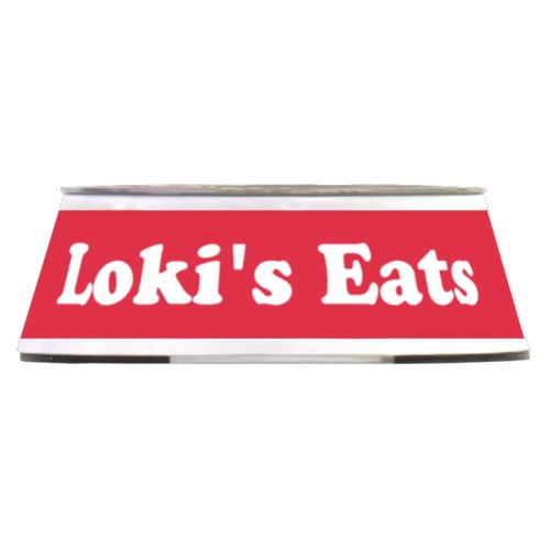 Personalized pet bowl personalized with the saying "Loki's Eats" in cherry red and white