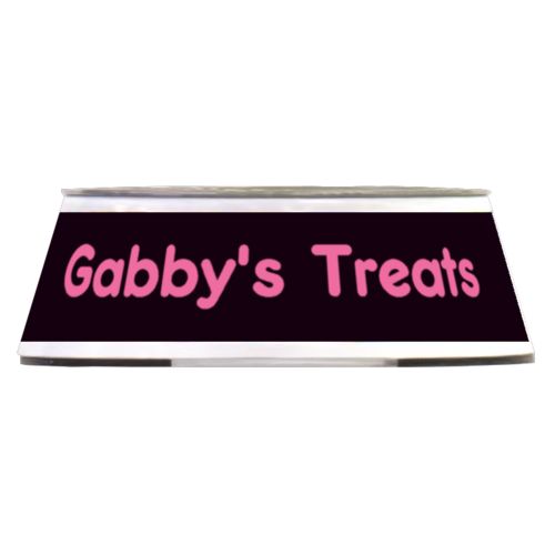 Personalized pet bowl personalized with the saying "Gabby's Treats" in pretty pink and black