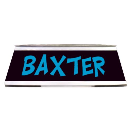 Personalized pet bowl personalized with the saying "Baxter" in caribbean blue and black