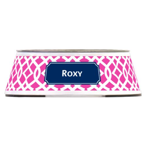 Personalized pet bowl personalized with ironwork pattern and name in navy blue and juicy pink
